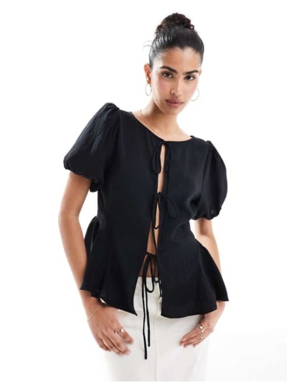 ASOS DESIGN Black Multifunctional Tie-Front Puff Sleeve Peplum Blouse Size Small